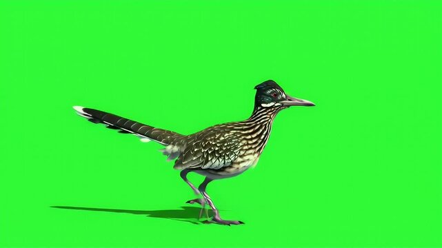 Dynamic Roadrunner Bird in Motion on a Solid Green Screen Background for Digital Compositing and VFX