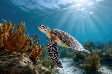 Fototapeta premium green sea turtle gliding above a coral reef