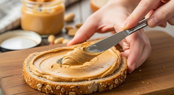 Spreading creamy peanut butter on wholesome grain bread for a nutritious breakfast