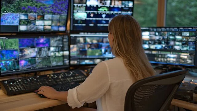 A woman efficiently edits video content using ergonomic seating and multiple high-resolution monitors displaying vibrant thumbnails and editing software.