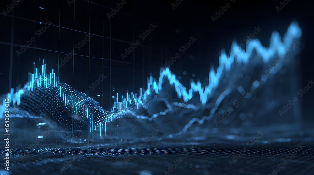 Poster economy and forex market growth concept with digital blue rising up financial chart diagram and grap
