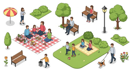 Isometric People in Park – Picnic, Outdoor Leisure & Summer Activities