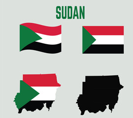 Sudan national map and flag vectors set.sudan flag and map set. sudan flag in official colors and proportions. independence day 1 january , map ,wavy and rectangle shaped sudan