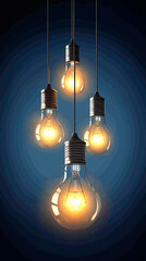 Beautiful hanging light bulbs glowing against dark blue background, copy space