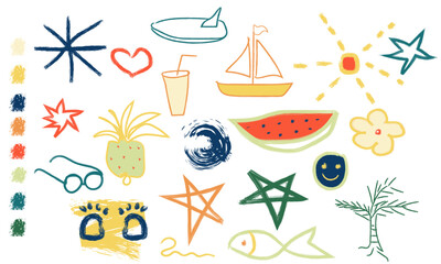Vacation summer hand-drawn doodle, colourful happiness theme.