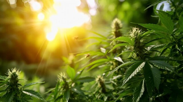 Cannabis marijuana. A closeup shot of a cannabis plant with a bee in the background. The sun is shining through the leaves, illuminating the plant and creating a warm, golden hue.