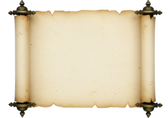 Old parchment scroll with ornate metal holders isolated on transparent background