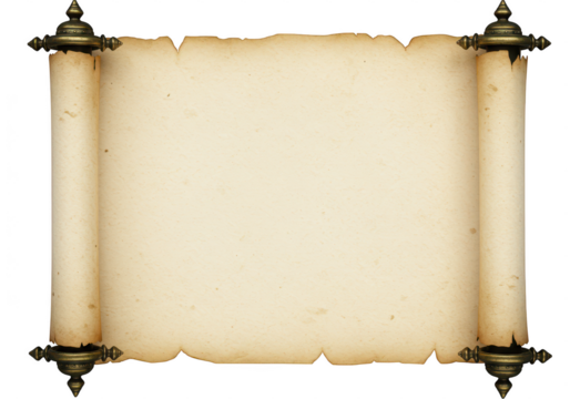Old parchment scroll with ornate metal holders isolated on transparent background