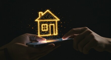 Hands hold a smartphone displaying a glowing digital house icon, illustrating modern real estate technology and connectivity.