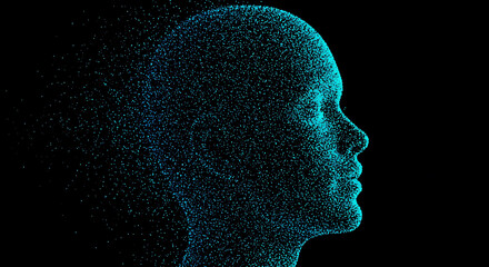 Artificial intelligence head formed by digital dots, representing future technology, data science, and machine learning concept