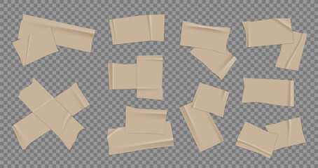 Vector set of adhesive tape. Duct tape strip. Torn pieces of masking tape isolated on transparent background.