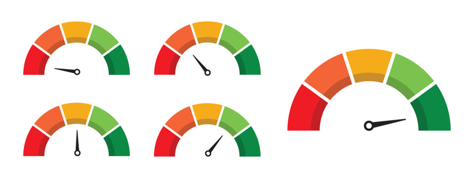 Set of score meters with speedometer style gauge indicators. Energy efficiency and consumer satisfaction measurement UI. Dial with arrows, scale, and indication lines. Vector effectiveness graph set.