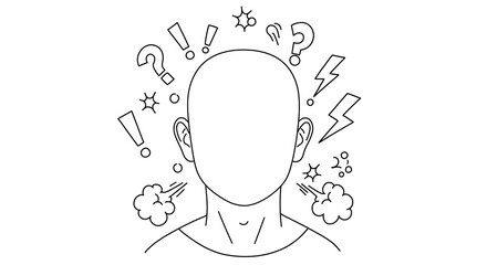 Illustration of a person with signs of confusion, frustration, and stress isolated on white background