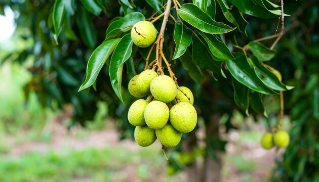 Green lychees cluster on tree branch