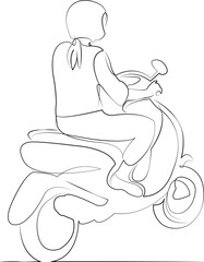 One continuous single drawing line art flat doodle woman, moped, motorcycle, riding, motorbike, transportation, girl, drive. Isolated image hand draw contour on a white background, hand drawn, not AI
