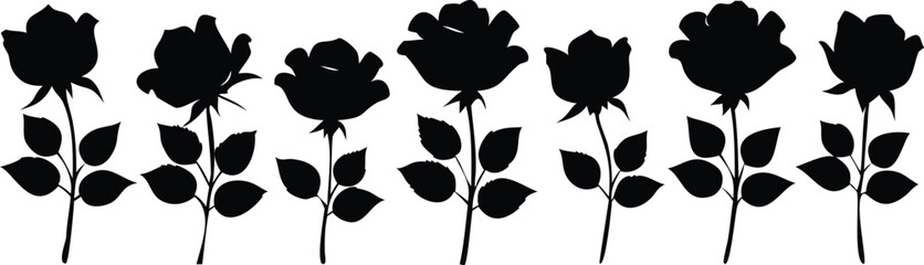 Set of decorative rose with leaves. Flower silhouette vector art illustration.
