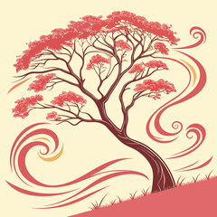 Obraz premium Digital illustration of a young girl tenderly holding a vibrant krishnachura flower showcasing delicate petals and a serene expression perfect for cultural or nature themed designs