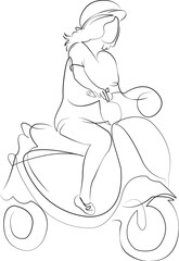 One continuous single drawing line art flat doodle woman, moped, motorcycle, travel, riding, fun, outdoors, helmet, safety. Isolated image hand draw contour on a white background, hand drawn, not AI