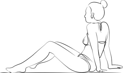 One continuous single drawing line art flat doodle sitting, swimwear, beach, woman, summer, vacation, relaxation, bikini. Isolated image hand draw contour on a white background, hand drawn, not AI