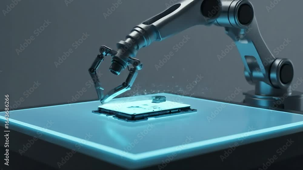 Poster robotic arm delicately assembling a circuit board in a high-tech environment with glowing elements