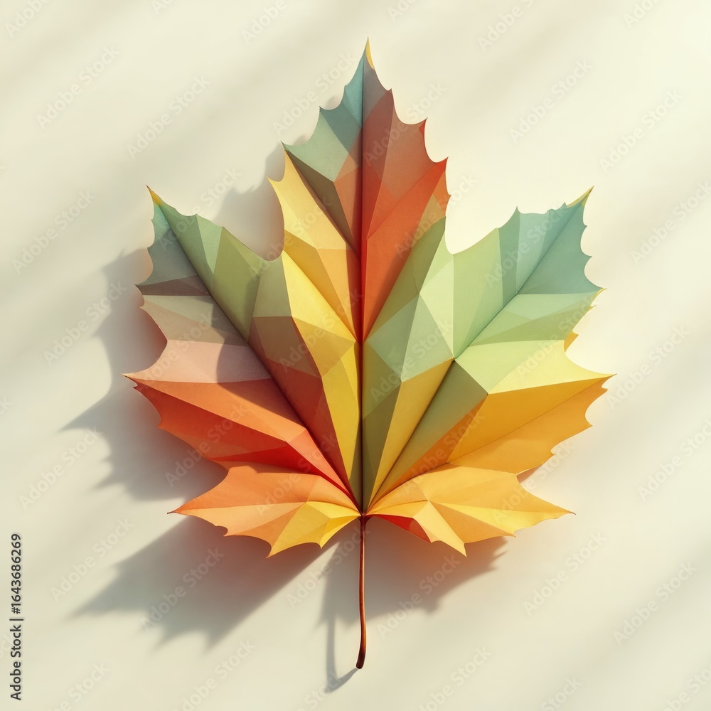 Poster abstract 3d polygonal autumn leaf design featuring minimal geometry and vivid colors in a contempora