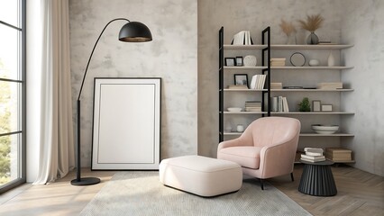 Stylish modern living room with pink armchair and floor lamp