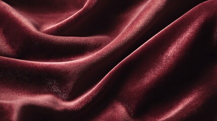 A close-up of rich burgundy velvet fabric, showcasing its luxurious texture and flowing folds.