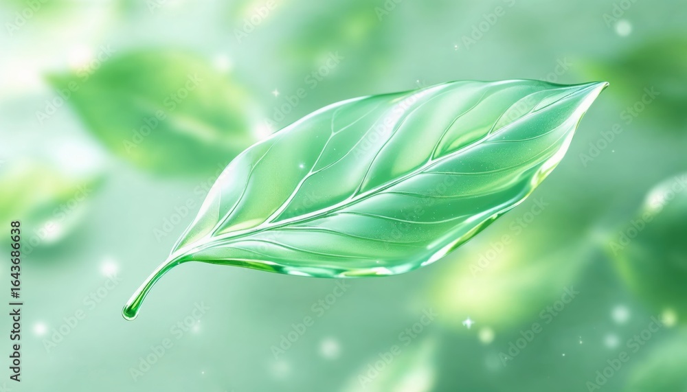 Poster floating green leaf with glass effect in a dreamy background, capturing the essence of nature in a 3