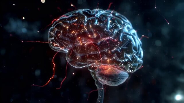 3D rendered digital artwork of a human brain, showcasing intricate details of the cerebral cortex. The brain is illuminated with a myriad of red and blue lights.