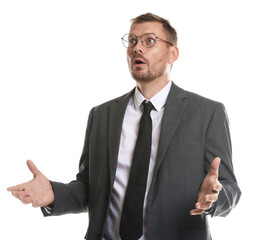 Businessman suffering from panic attack on white background