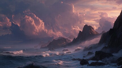 Dramatic coastal landscape at dusk with vibrant clouds and crashing waves creating a serene yet powerful atmosphere