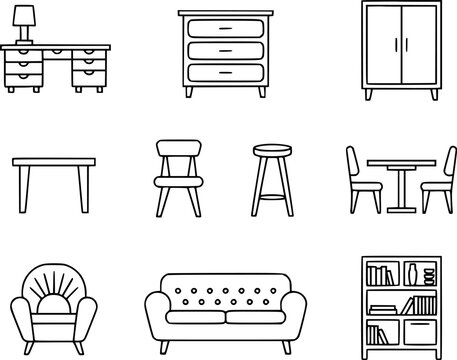 Various furniture items including a desk with lamp a dresser a cabinet a table with chairs a chair a stool an armchair a sofa and a bookshelf
