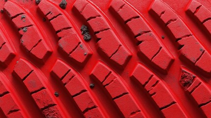 Close-up of red rubber tire tread with dirt particles