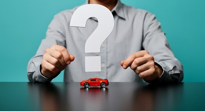 Confused man with question mark and toy car thinking about buying or leasing a new vehicle with thoughtful consideration and financial planning