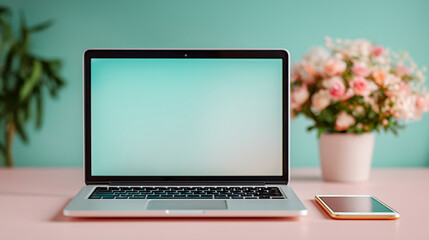 Modern workspace with Laptop and Blossoms: A vibrant composition with a sleek laptop displaying a blank screen, accompanied by a mobile phone and a delicate floral arrangement.