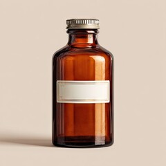 Amber glass apothecary bottle with a silver cap and blank rectangular label, subtly shadowed against a neutral background
