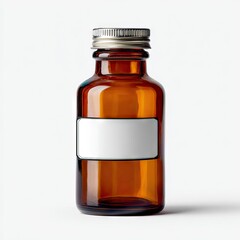 Amber glass apothecary bottle with a silver screw cap and a blank white rectangular label, isolated on a white background