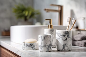 Elegant marble bathroom accessories set on a countertop near a sink, including soap dish, dispenser, toothbrush holder, and rolled towels, bathed in soft sunlight