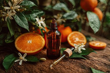 Amber glass bottle of citrus essential oil sits amongst halved oranges and blossoms on rustic wood