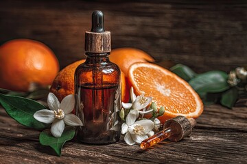 Amber glass bottle of citrus essential oil with oranges, blossoms, and wooden background