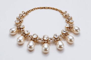 Fototapeta premium Elegant necklace with five large lustrous pearls, accented by sparkling clear rhinestones in gold-tone metal settings, forming a delicate, ornate design