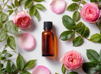 Amber glass bottle of essential oil nestled amongst pink rose blossoms and green leaves on a white background, forming a visually appealing, symmetrical arrangement
