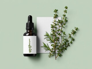 Amber glass bottle of essential oil with a minimalist label depicting a sprig of herb, alongside sprigs of thyme and rosemary on a pale green background