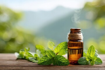 Amber glass bottle of essential oil with a twine tied around its neck, sits on a rustic wooden surface amidst fresh sprigs of vibrant green mint leaves, against a blurred backdrop 