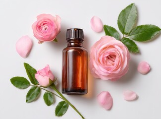 Amber glass bottle of rose essential oil sits amidst pink roses, petals, and green leaves on a white background