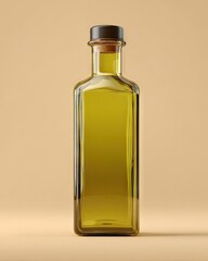 Amber glass bottle of oil with dark cork stopper, standing on a pale beige background.  The bottle is rectangular with slightly tapered shoulders