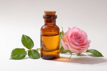 Amber glass bottle of rose oil with a single pink rose and green leaves on a white background, illuminated by soft light, casting gentle shadows