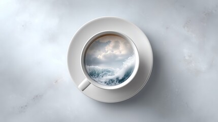 Creative coffee cup with ocean waves and cloudy sky inside