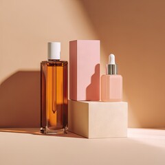 Amber glass bottle, pink frosted glass dropper bottle, and pale pink box on beige blocks, bathed in soft sunlight