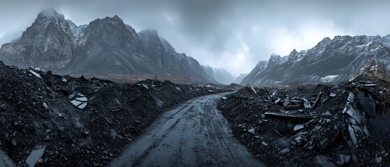 Dramatic Mountain Road Through Dark Rock Debris